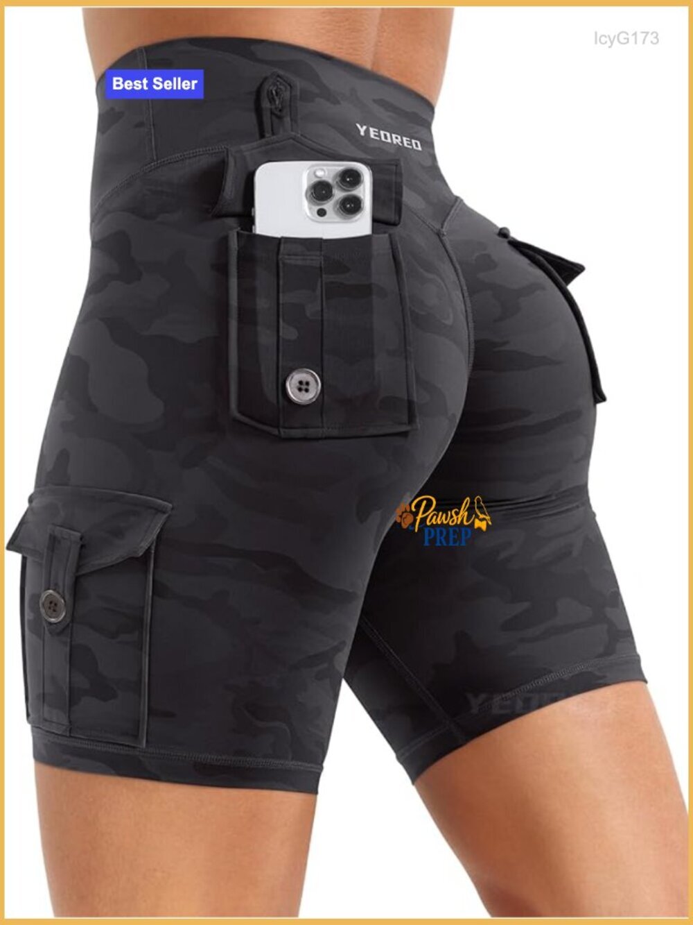 High Waisted Biker Shorts with Cargo Pockets Hidden Scrunch 8" Inseam Gym Shorts